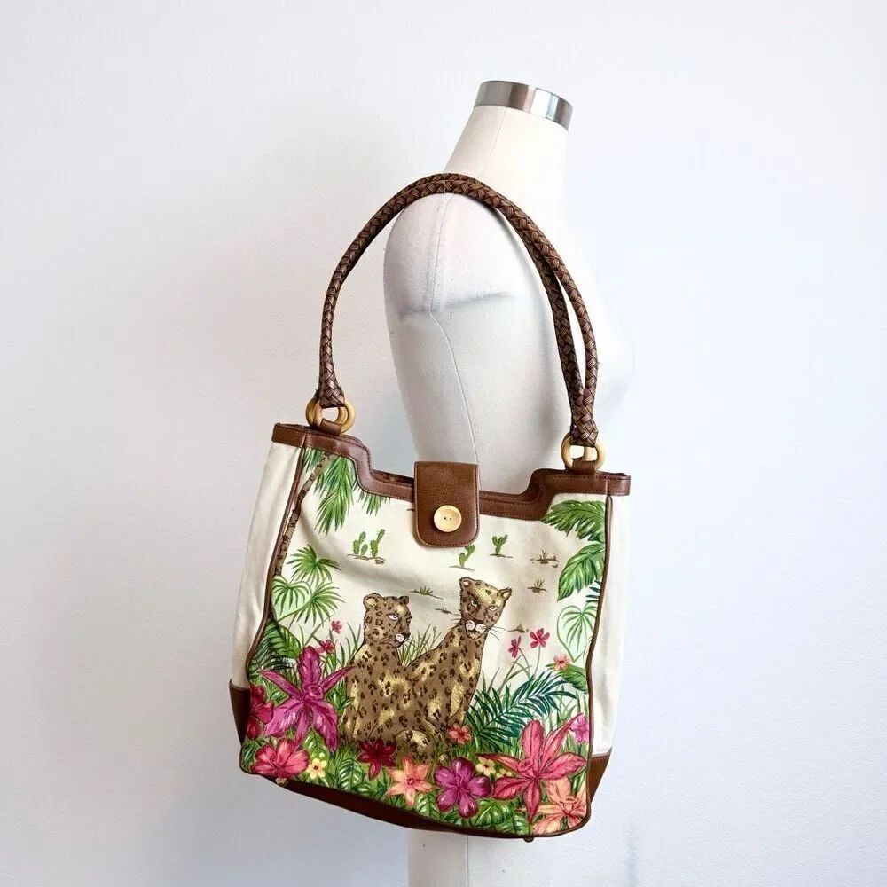 Jungle Cat Cheetah Leopard Tropical Floral Leaf Shoulder Bag Purse Hobo